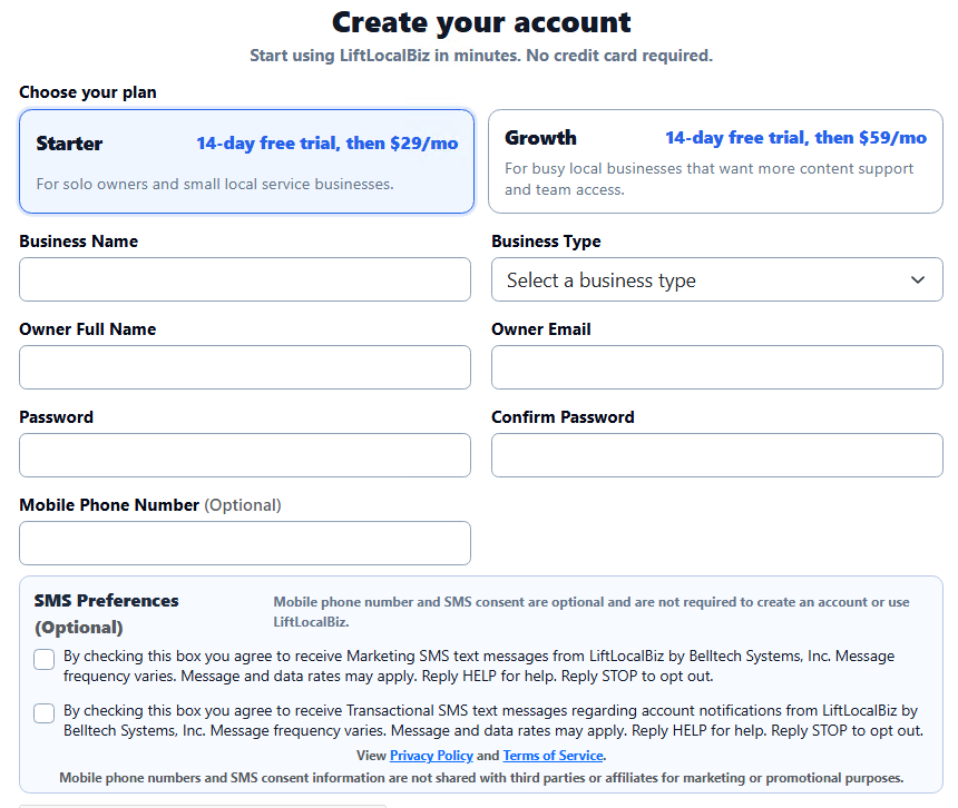 LiftLocalBiz SMS consent checkbox